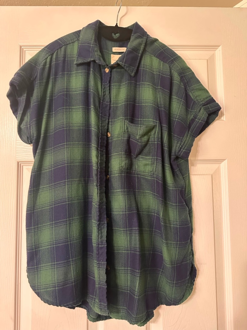 American Eagle Outfitters Green and Blue Plaid  flannel Short-Sleeve Button-Down